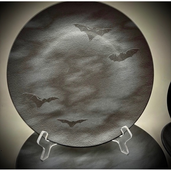 Halloween Dinner Plates 2pc Set Black Bat Accent Plates Stoneware